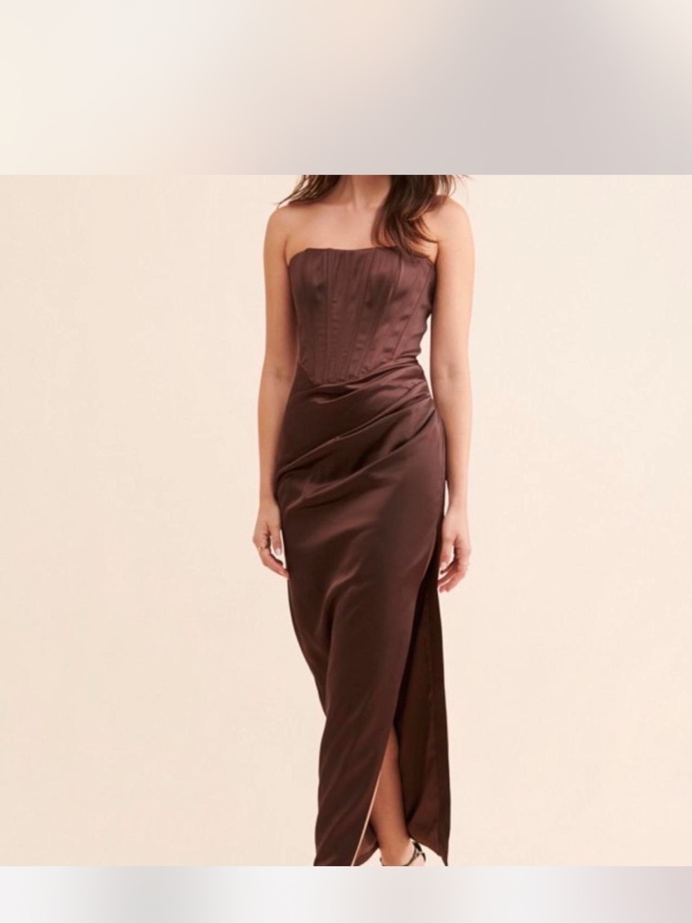 Bardot One-Shoulder Brown Satin Evening Gown
